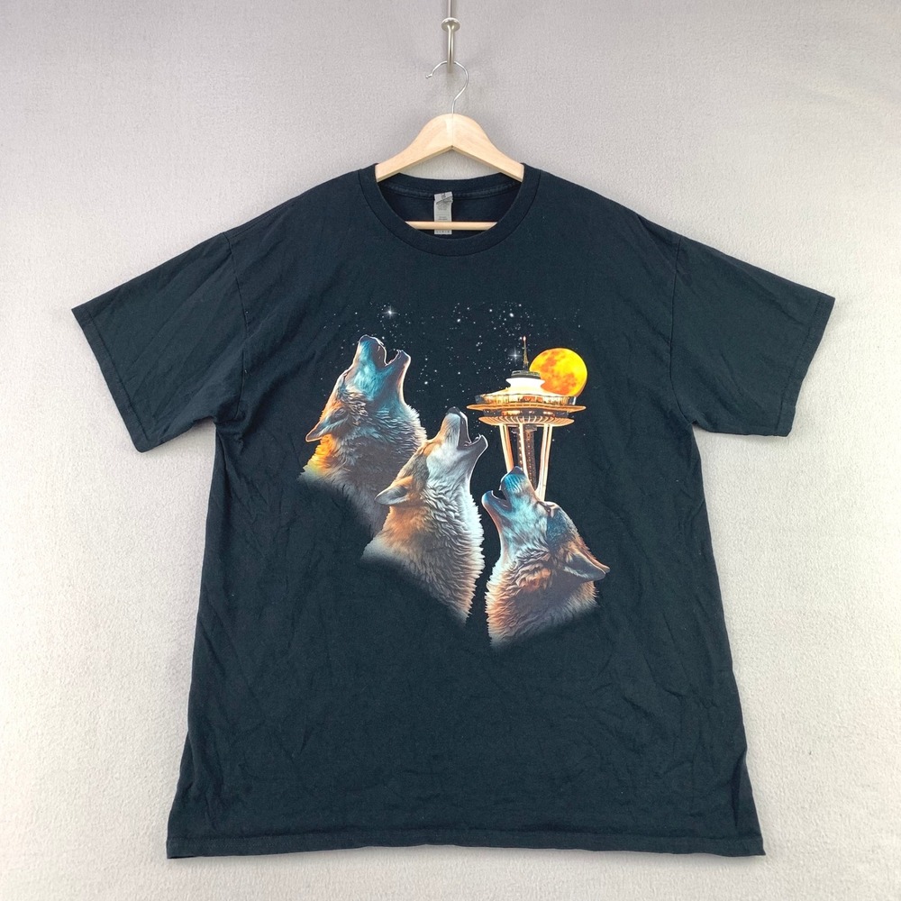 Seattle Space Needle Wolf T-Shirt Mens Large Black Graphic Cotton Short Sleeve